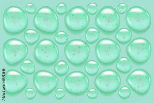 Green mint serum bubbles. Glycolic niacinamid essence balls top view. Shower gel or shampoo with herbal extract.