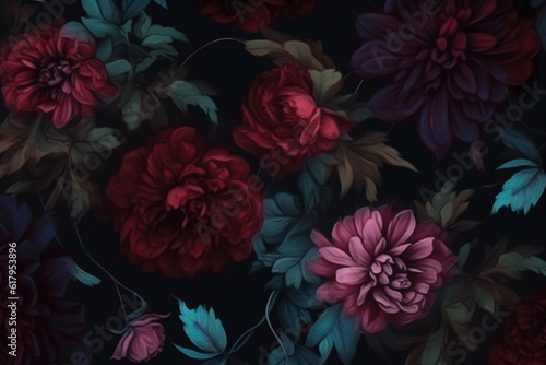 seasonal burgundy vintage background dark wallpaper flower nature peony bouquet decoration. Generative AI.
