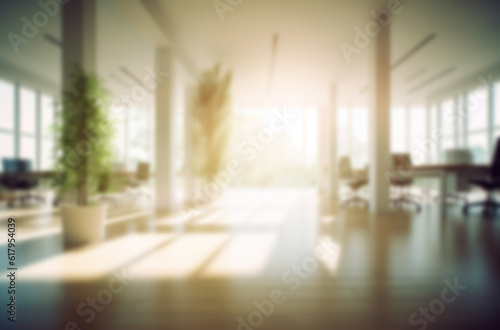 Blurred large modern office workspace in the morning , interior workplace with cityscape for business presentation background AI generated