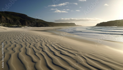 Tranquil scene at waters edge, rippled wave pattern, idyllic coastline generated by AI