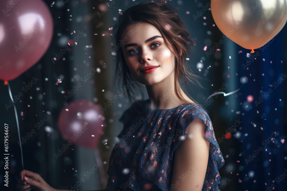 smiling girl with air balloons and falling confetti against dark background. generative AI smiling girl with air balloons and falling confetti against dark background. generative AI