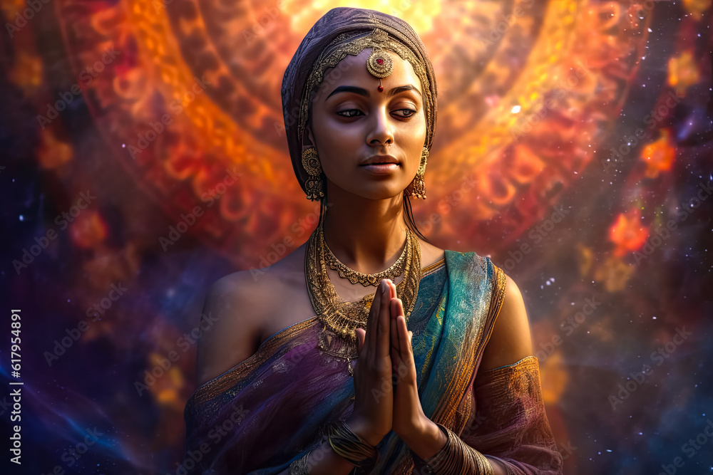 Illustration of beautiful young Indian woman prayer in traditional dress. Generative AI