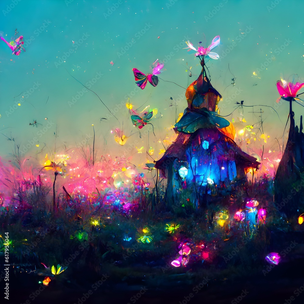 Neon fairy village cartoon fairies pretty and colorful prismatic rainbows and butterflies flowers vibrant crisp image high resolution very detailed 4k 