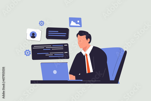 Cartoon handsome character casual man seat at desk working on laptop. A developer of project team engineers for website