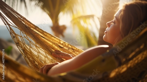 beautiful young woman lying in a hammock, in the background the beach with palm trees, enjoying the smell of the beach and the heat photo