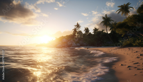 Tranquil sunset over tropical coastline, palm trees reflect in water generated by AI