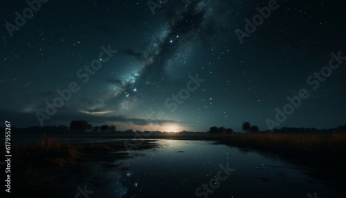 Milky Way galaxy illuminates tranquil mountain landscape in star field generated by AI © Jemastock