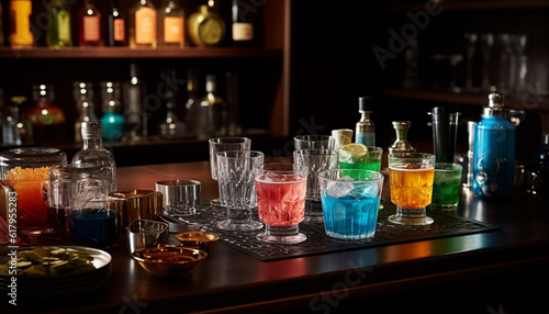 Nightlife celebration at the bar counter with multi colored cocktails generated by AI