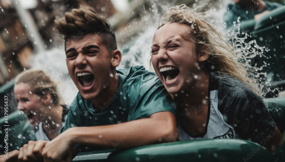Young adults playing in the rain, screaming with enjoyment and togetherness generated by AI