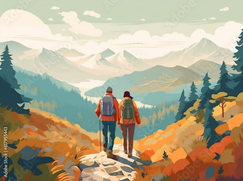 woman man relaxation hike couple nature trekking tent camping forest illustration vacation. Generative AI.