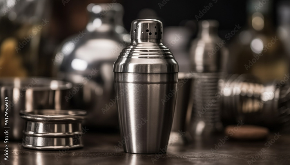 Shiny metallic bar equipment reflects strength in modern drink preparation generated by AI Shiny metallic bar equipment reflects strength in modern drink preparation generated by AI