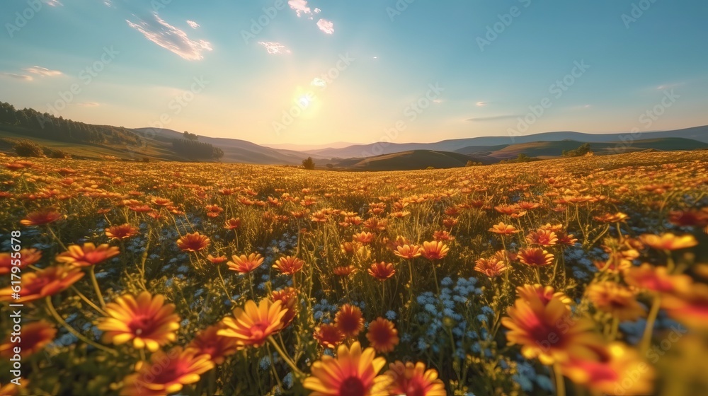 landscape of yellow flowers in the field with a sunset and clouds over the sky