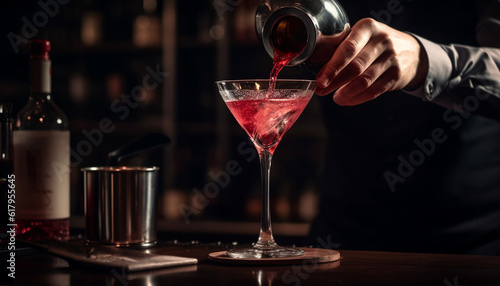 Bartender pouring cocktail into martini glass at elegant bar counter generated by AI