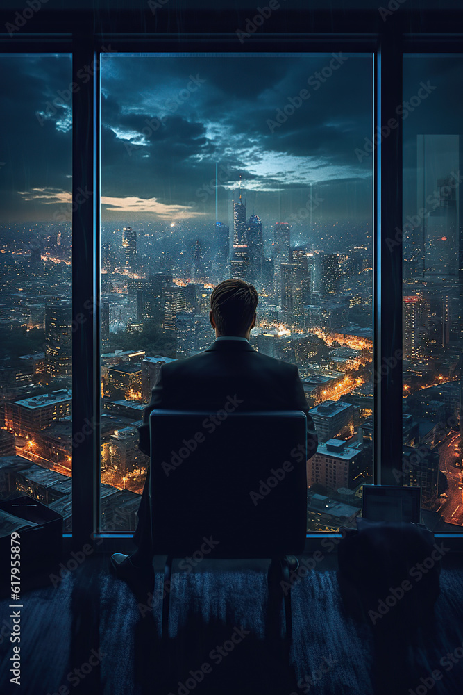 silhouette of a man sitting in front of a window with a city AI ...