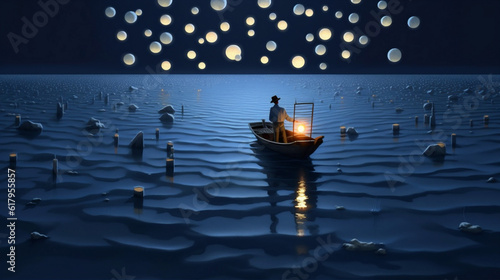 river boat lamp night festival light travel lantern celebration water. Generative AI.