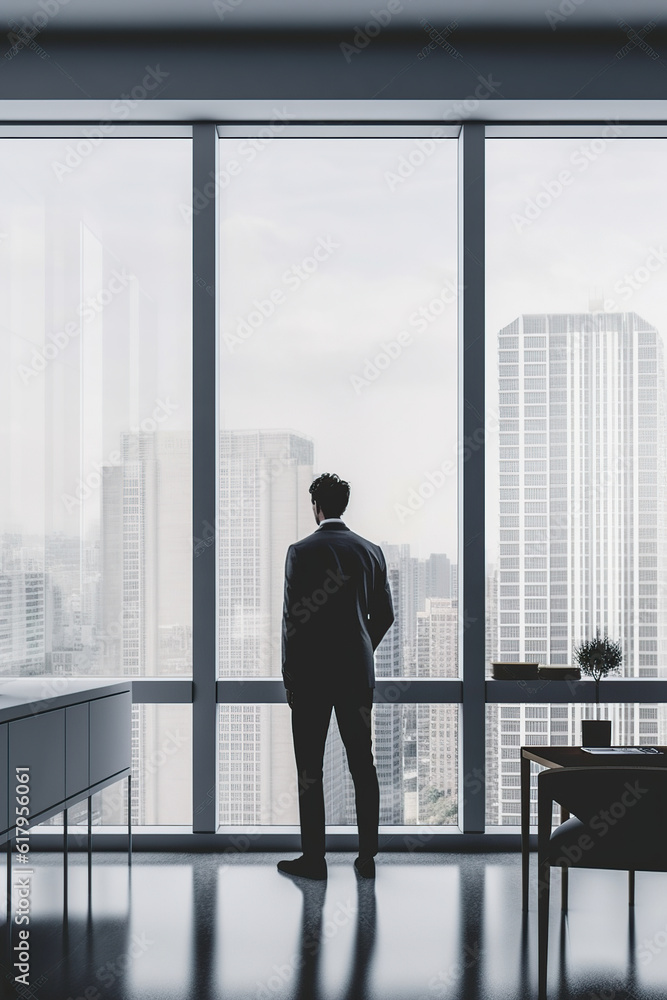 silhouette of a man standing in front of a window with a city silhouette of a man standing in front of a window with a city