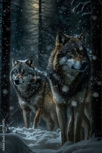 wolves in the in the enchanted forest walking down a path light snow very detailed snowfall Hyperrealistic Cinematic quality insane details 