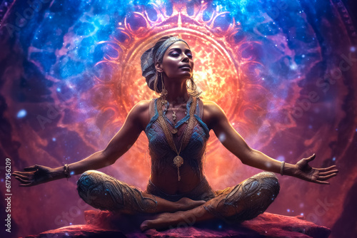 illustration of Indian woman meditating sitting in lotus pose. generative AI
