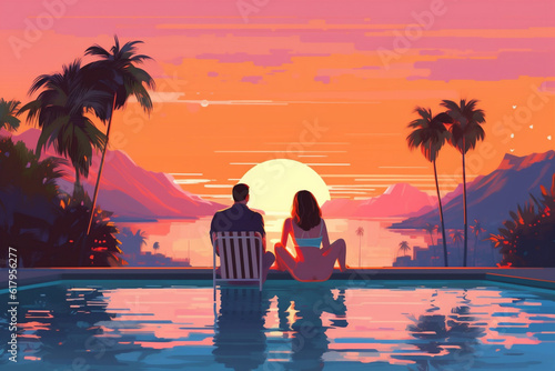 sunset travel back romantic relax swimming honeymoon couple vacation pool. Generative AI. © VICHIZH