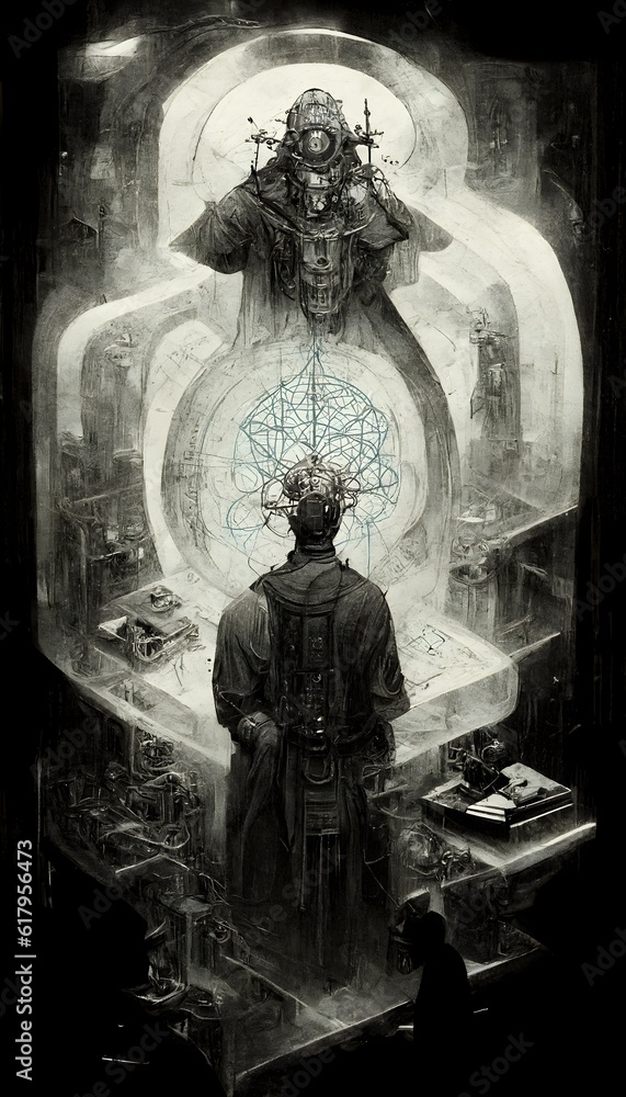 Dekard full page technical drawing cyberpunk mind meld wizard4 esoterism5 sketched in steampunk style black ink white paper bright watercolor background cinematic hyper realistic rendered 8K old 