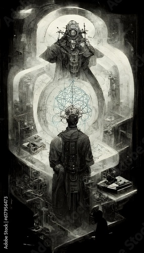 Dekard full page technical drawing cyberpunk mind meld wizard4 esoterism5 sketched in steampunk style black ink white paper bright watercolor background cinematic hyper realistic rendered 8K old 