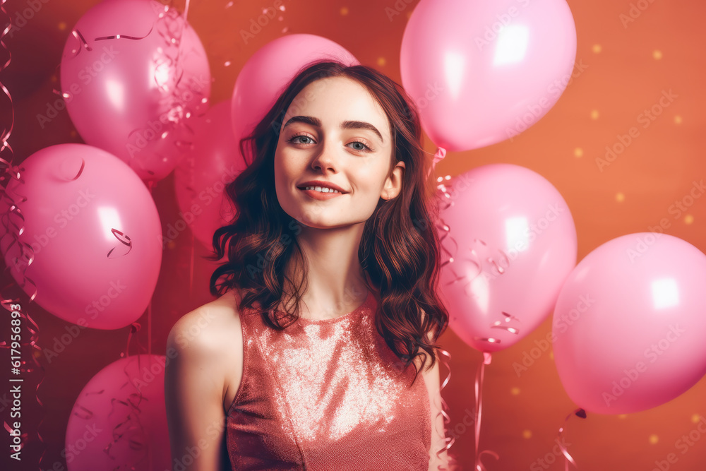 smiling girl with air balloons and falling confetti against pink background. generative AI