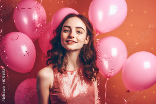 smiling girl with air balloons and falling confetti against pink background. generative AI