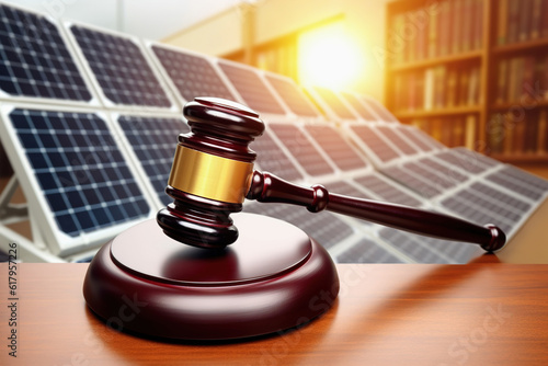 Courtroom hammer and solar panels. Legal framework for photovoltaic solar energy photo