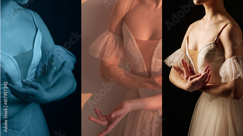 Collage of 3 photos. beautiful ballerina poses in a studio in a stage dresss with a neckline. Hands perform ballet movements. photo shows the beauty of classical ballet photo