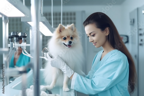 Female veterinarian examining and petting a small dog, generative AI image.