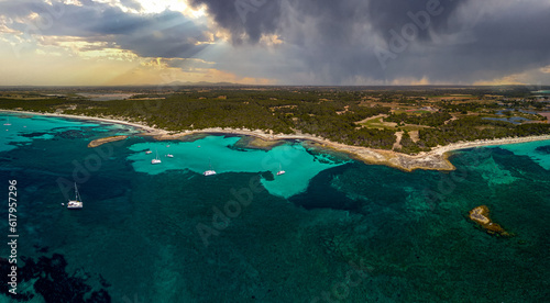 Es Tranc Beach Mallorca, Blue Water at mediterranean sea in the style of aerial photography, Aerial Panorama, Dark clouds, Tropical, stormy seascapes, Mallorca landscapes, high dynamic range Panorama