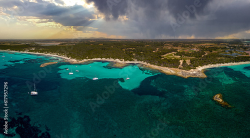 Es Tranc Beach Mallorca, Blue Water at mediterranean sea in the style of aerial photography, Aerial Panorama, Dark clouds, Tropical, stormy seascapes, Mallorca landscapes, high dynamic range Panorama photo