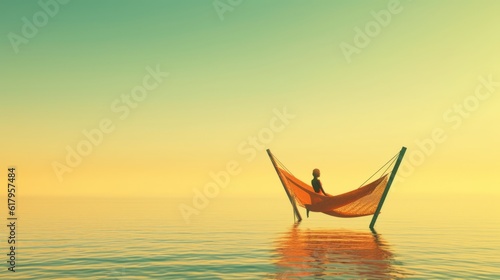 young woman enjoying her vacation relaxed in a hammock with a sunset in the background and the sea