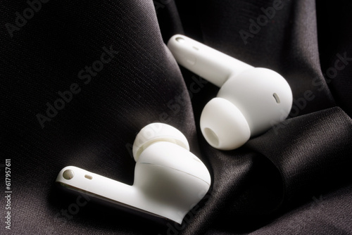 White TWS headphones in black silk interior. The concept of the noise reduction function in modern audio equipment and tws headphones. Photo. Sepia is post-punk. Selective focus. photo