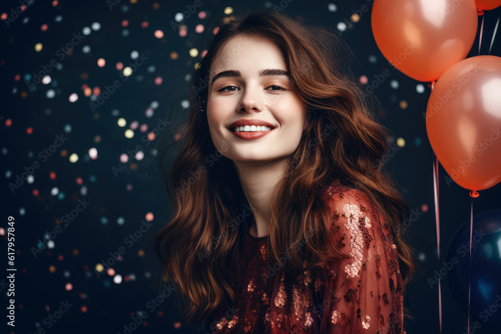 smiling girl with air balloons and falling confetti against dark background. generative AI smiling girl with air balloons and falling confetti against dark background. generative AI