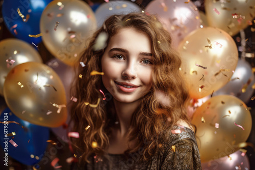 smiling girl with air balloons and falling confetti. home celebration party concept. generative AI