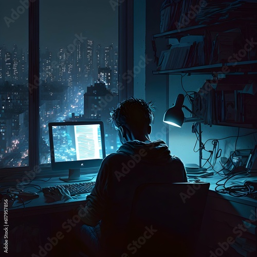 A lonely fortysomething skinny caucasian programmer works from a highrise loft late at night in a messy loft overlooking all of new york  photo