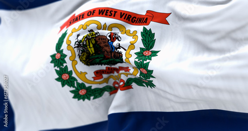 Close-up of West Virginia state flag waving in the wind photo