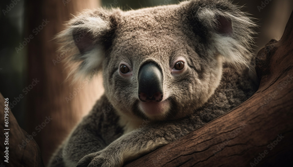 Obraz premium Cute koala, marsupial mammal, endangered species, looking at camera generated by AI