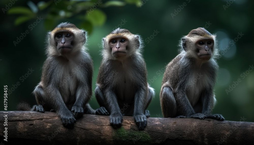 Fototapeta premium Young macaque sitting in tropical rainforest, looking at camera generated by AI