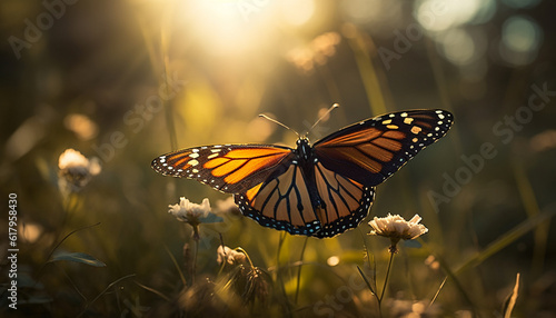 Vibrant monarch butterfly pollinates yellow flower in tranquil meadow generated by AI © Jemastock
