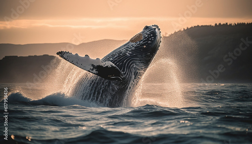 Majestic humpback whale breaching in sunset, splashing blue waves generated by AI © Jemastock