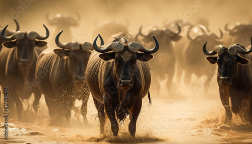 Water buffalo herd grazing in African wilderness, looking at camera generated by AI