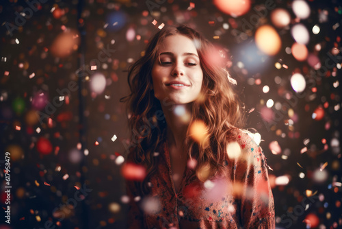 happy young woman with falling confetti. home celebration party concept. generative AI © zamuruev