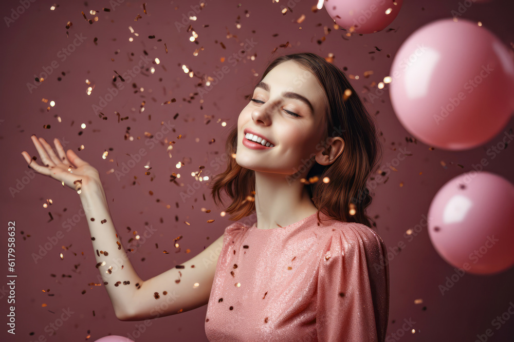 smiling girl with air balloons and falling confetti against pink background. generative AI smiling girl with air balloons and falling confetti against pink background. generative AI