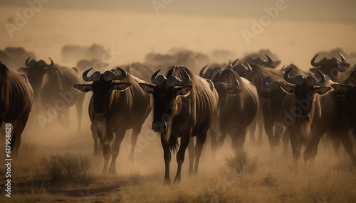 Large herd of hoofed mammals crossing African wilderness landscape generated by AI