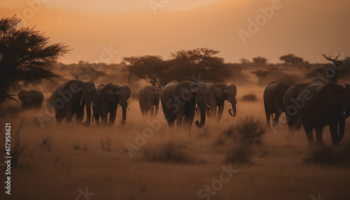 African elephant herd grazing in tranquil savannah wilderness at sunset generated by AI