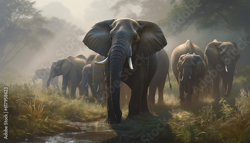 African elephant herd walking in tranquil savannah at sunrise generated by AI