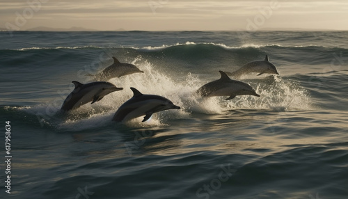 Playful dolphins jumping and splashing in the blue water generated by AI