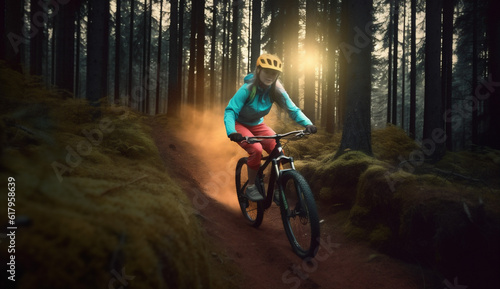 dark woman travel summer sport sunset cycling bike walking forest bicycle. Generative AI. © VICHIZH